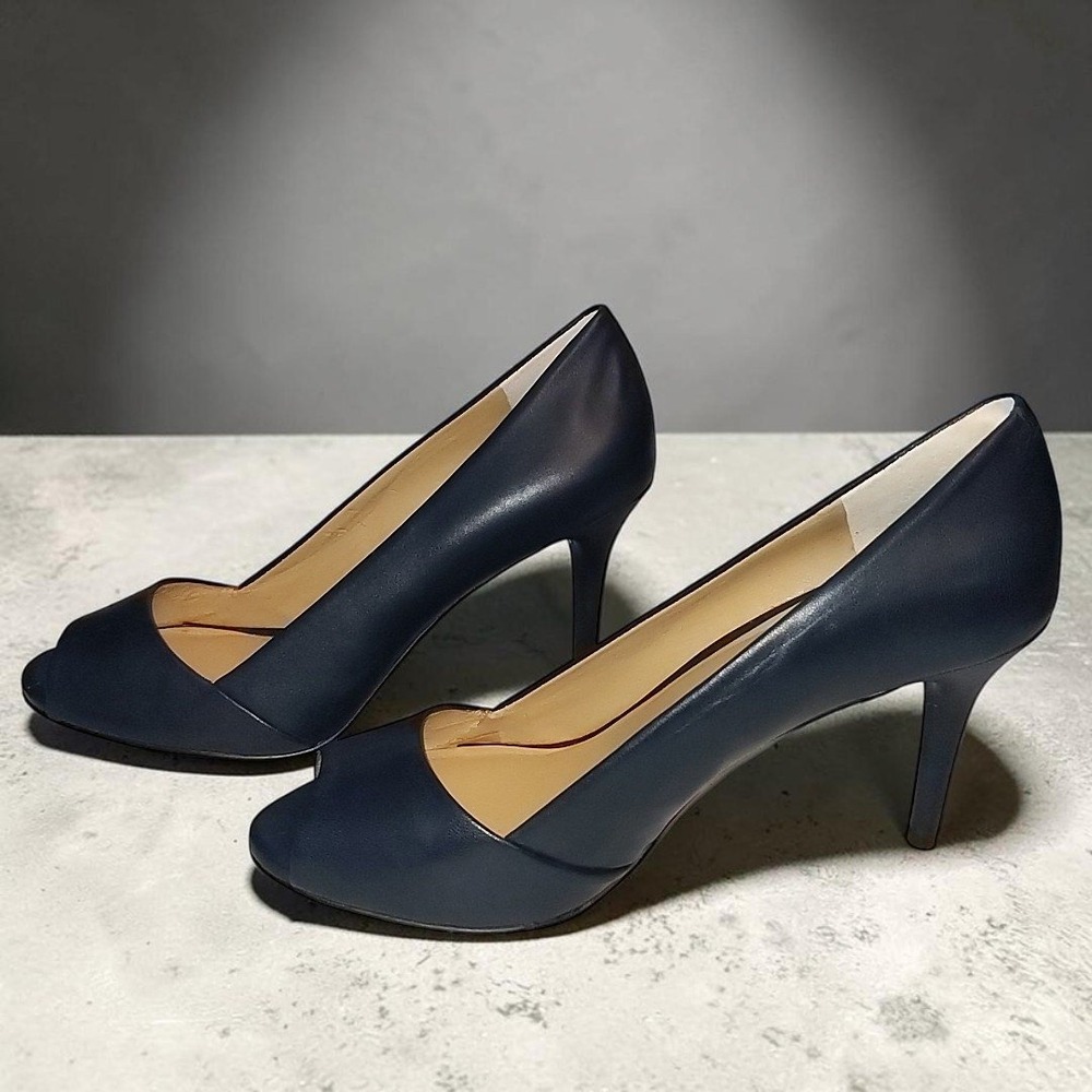 Ann Taylor Navy Leather Peep Toe Stiletto Pump Size 8.5M Heel Cutout Classic BLK